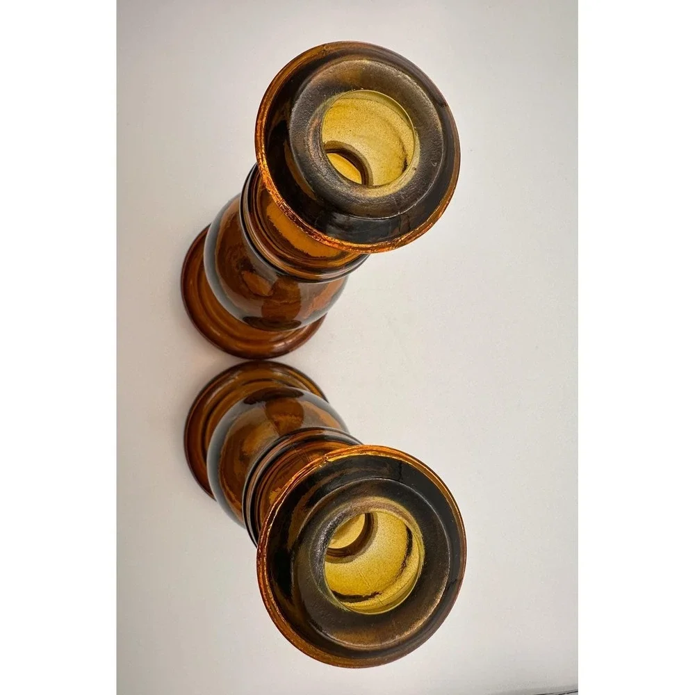 Vintage Amber Glass Candlestick Holders Pair MCM Candle Decor